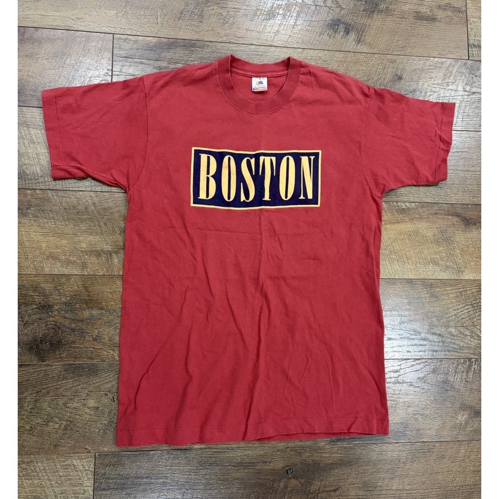 Vintage‎ 90s Boston Bogo Graphic Tee Brick Red Large Made In USA Single Stitch